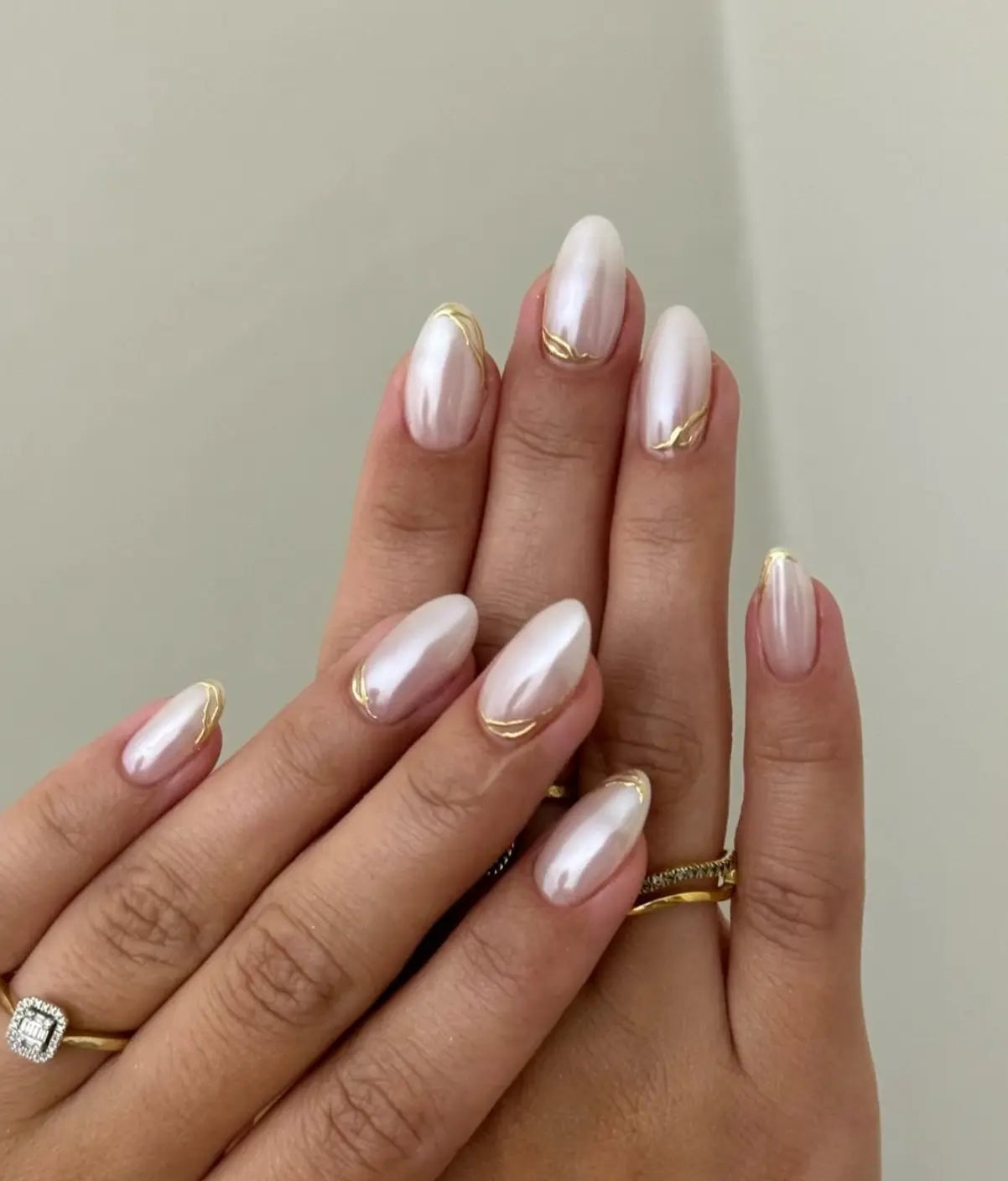 Short Almond Milky Chrome With Gold Foil Cuticle Lines — Classy Bridesmaid Nails