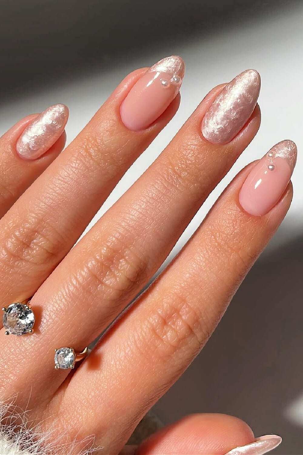 Medium Oval Pearlescent French With Pearl Accents — Classy Bridesmaid Nails