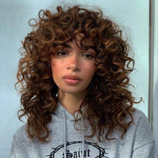 Collarbone Medium Brown Shag With Curtain Bangs, Close-Up Take — Classy Brown Curly Hair