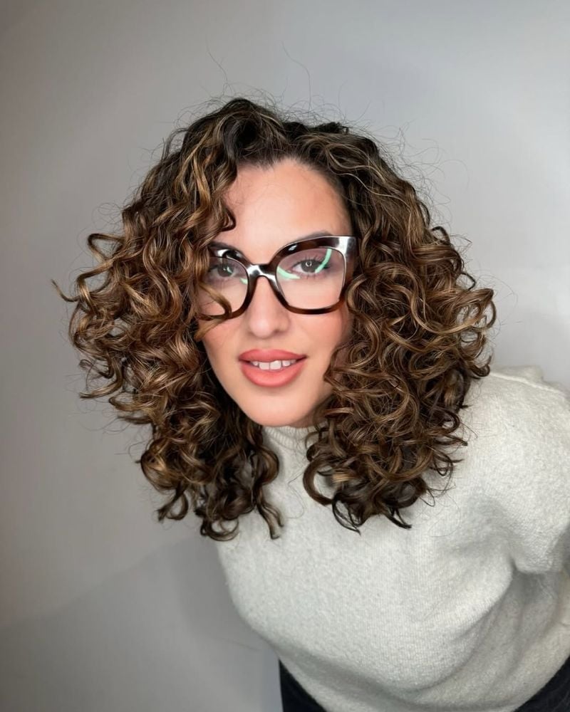 Collarbone Dark Brown Lob With Caramel Balayage — Classy Brown Curly Hair