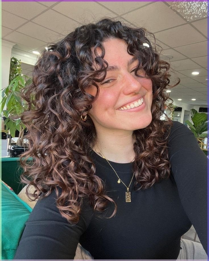Shoulder Dark Brown With Wispy Curly Bangs — Classy Brown Curly Hair