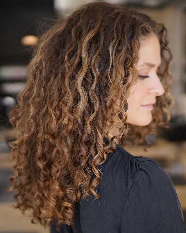 Mid-Back Brown With Blonde Highlights — Classy Brown Curly Hair
