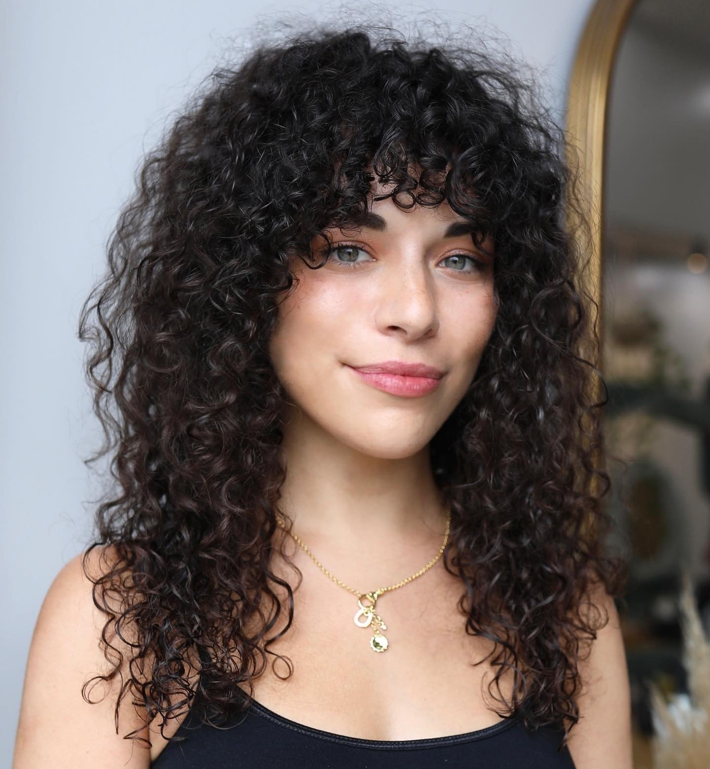 Collarbone Dark Brown With Curtain Bangs, Air Dried — Classy Brown Curly Hair