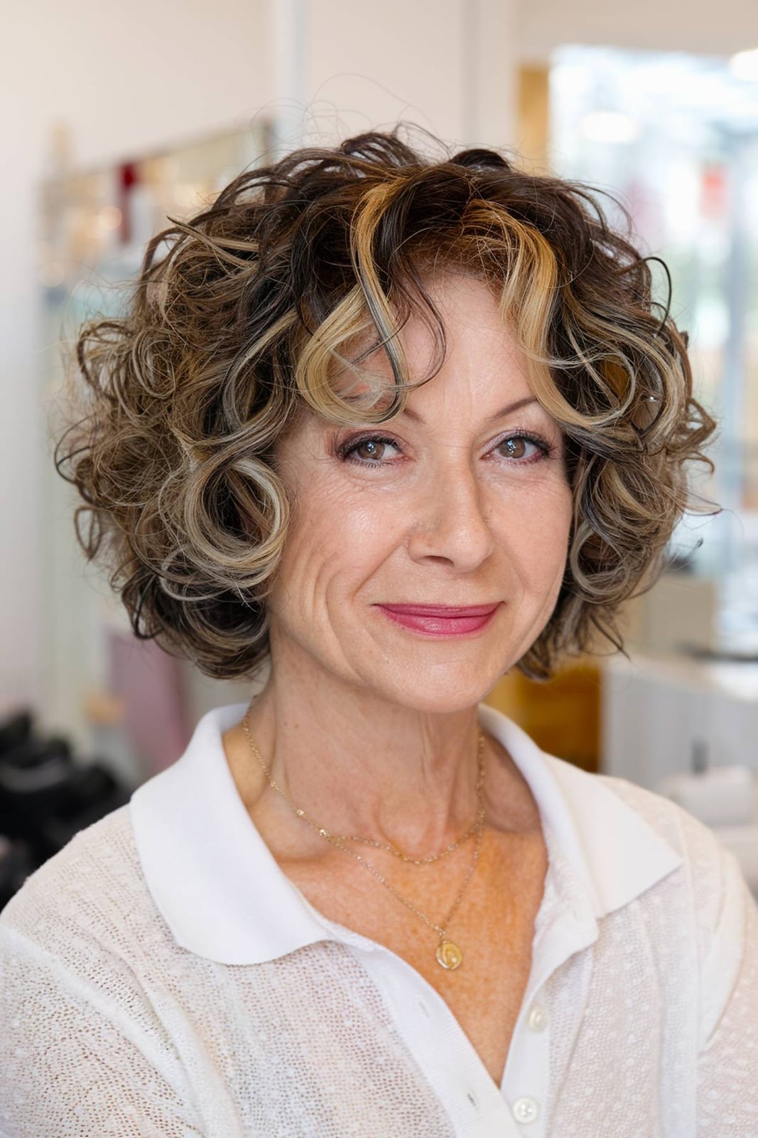 Chin Length Brown Bob With Blonde Highlights — Classy Brown Curly Hair