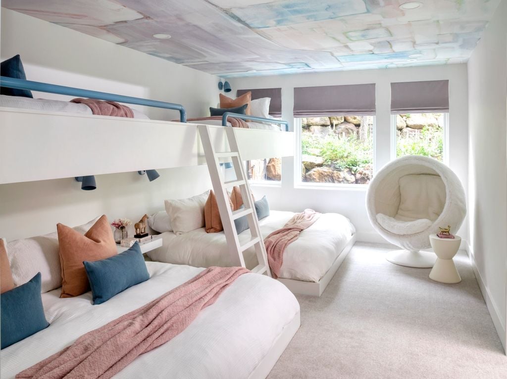 White Multi Level Bunk Bed with Blue and Pink Accents — Classy Bunk Bed Ideas