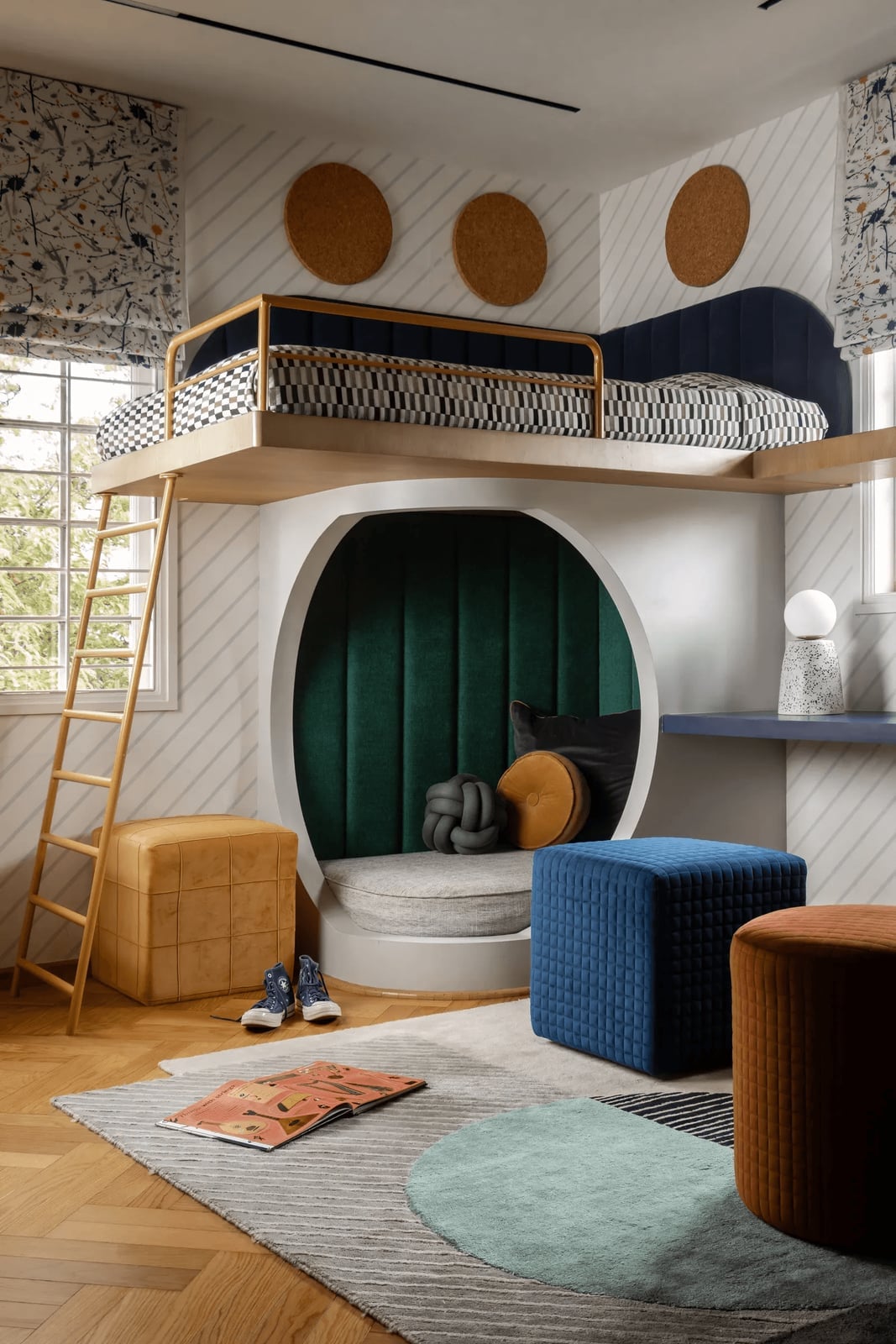 Loft Bed with Circular Green Seating — Classy Bunk Bed Ideas