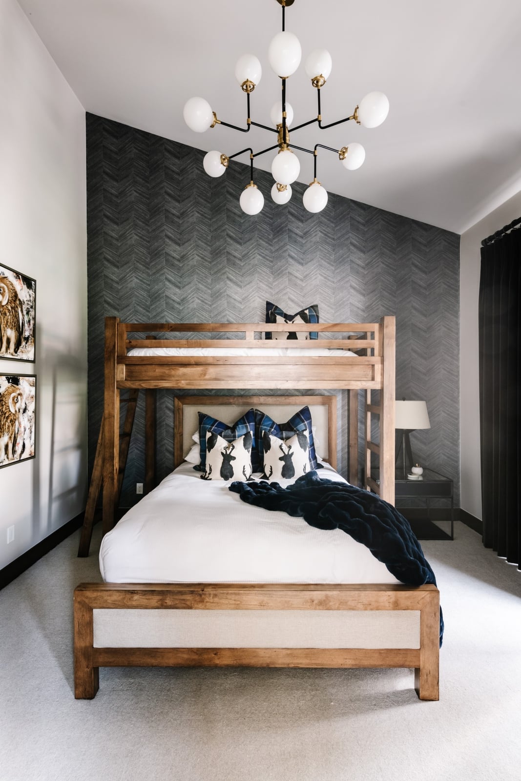 Wooden Bunk Bed with Plaid Pillows and Chandelier — Classy Bunk Bed Ideas