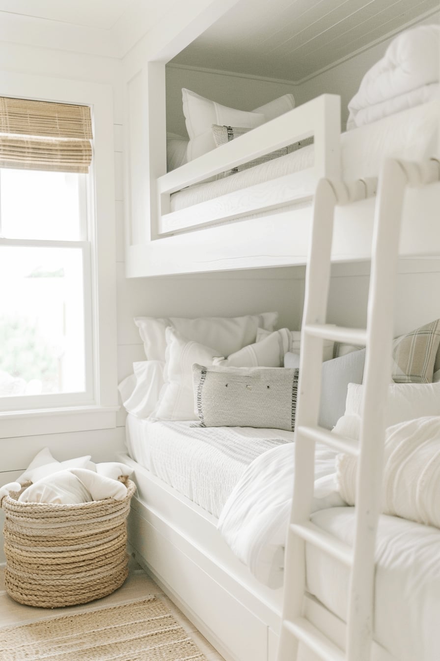 All White Built In Bunk Bed with Bamboo Blind — Classy Bunk Bed Ideas