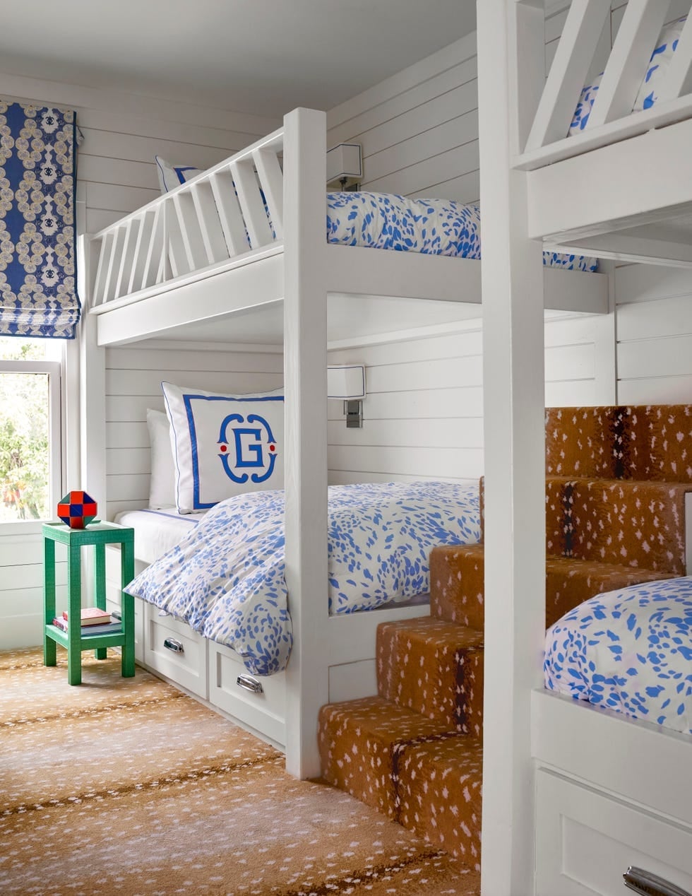 White Wooden Bunk Bed with Faux Fur Steps — Classy Bunk Bed Ideas