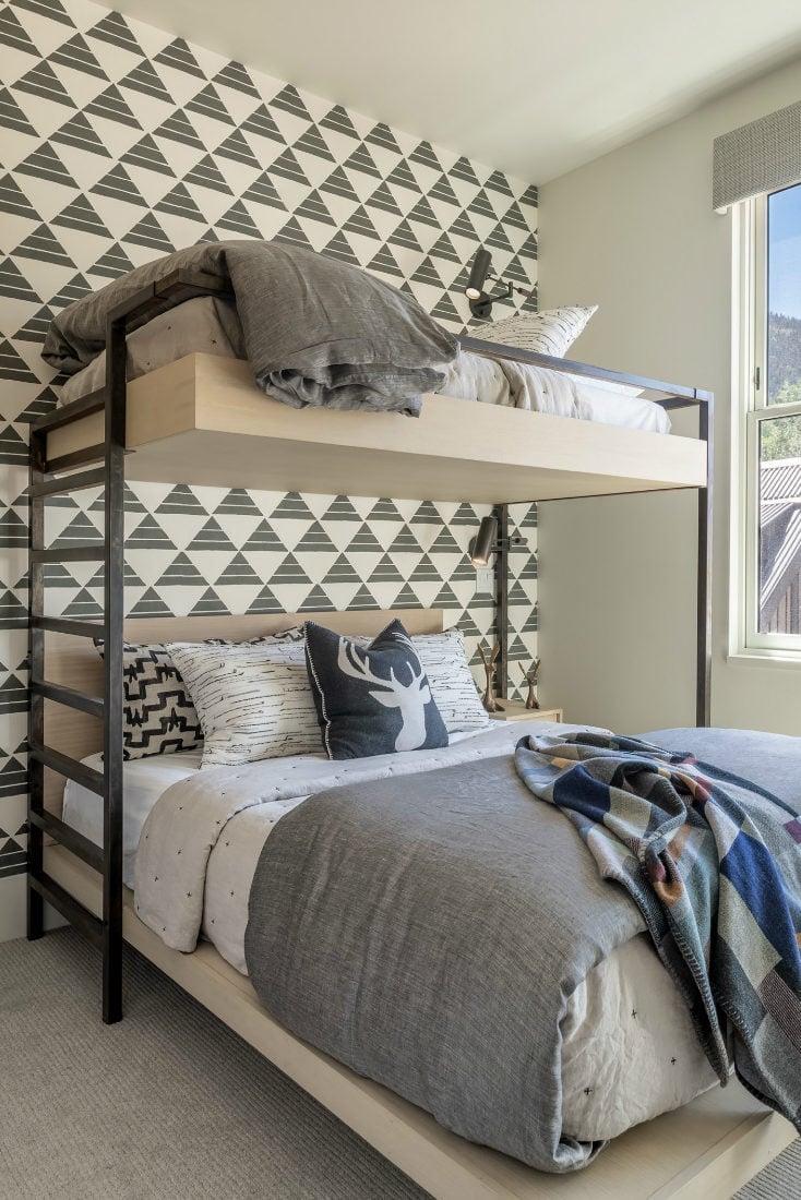 Wood and Metal Bunk Bed with Geometric Wallpaper — Classy Bunk Bed Ideas