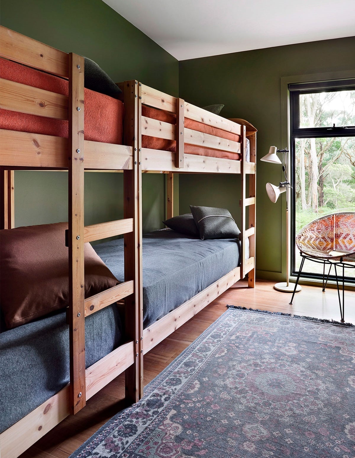 Natural Wood Bunk Bed with Orange Pillows — Classy Bunk Bed Ideas