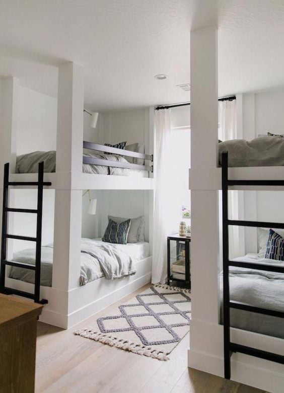 White Multi Level Bunk Beds with Black Ladders — Classy Bunk Bed Ideas