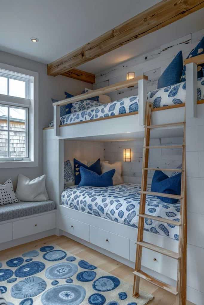 Built In White Bunk Bed with Blue Patterned Bedding — Classy Bunk Bed Ideas