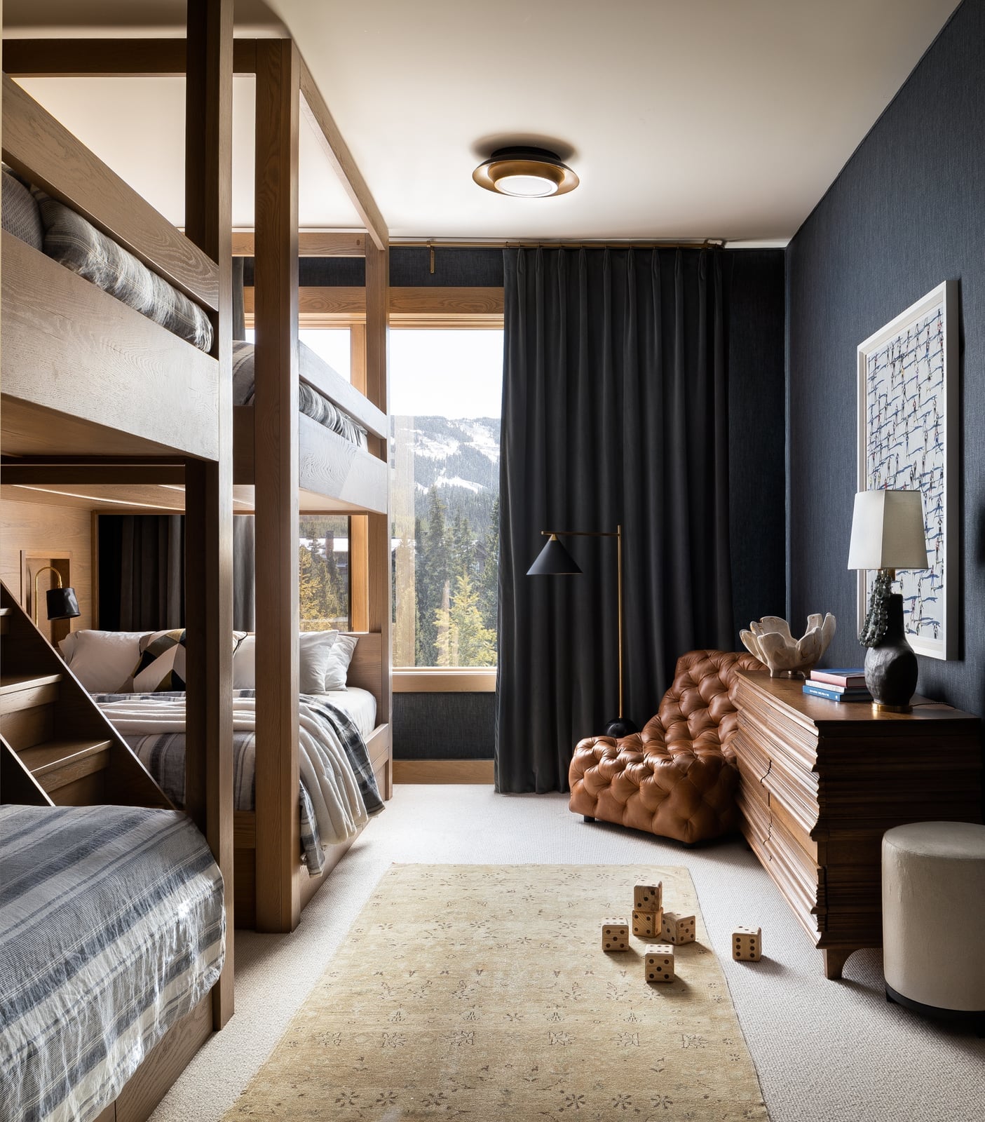 Dark Wood Bunk Bed with Textured Wallpaper — Classy Bunk Bed Ideas