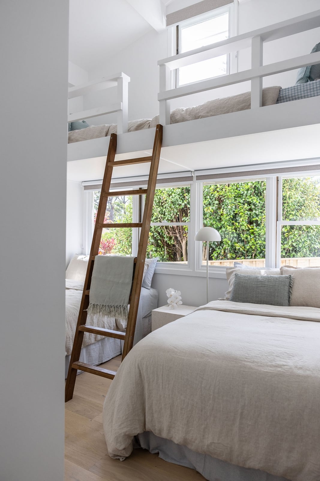 White Multi Level Bunk Bed with Garden View — Classy Bunk Bed Ideas