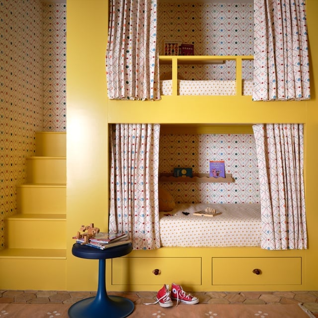 Yellow Built In Bunk Bed with Geometric Patterns, Blue Stool — Classy Bunk Bed Ideas