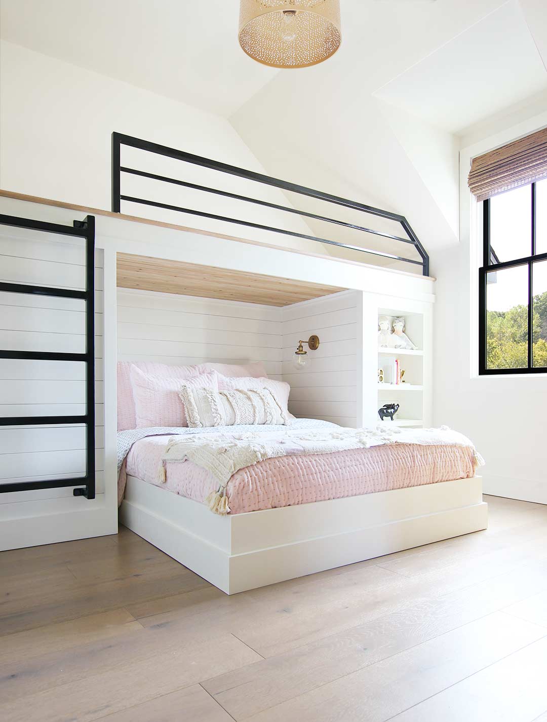 Modern White Bunk Bed with Pink Textures — Classy Bunk Bed Ideas