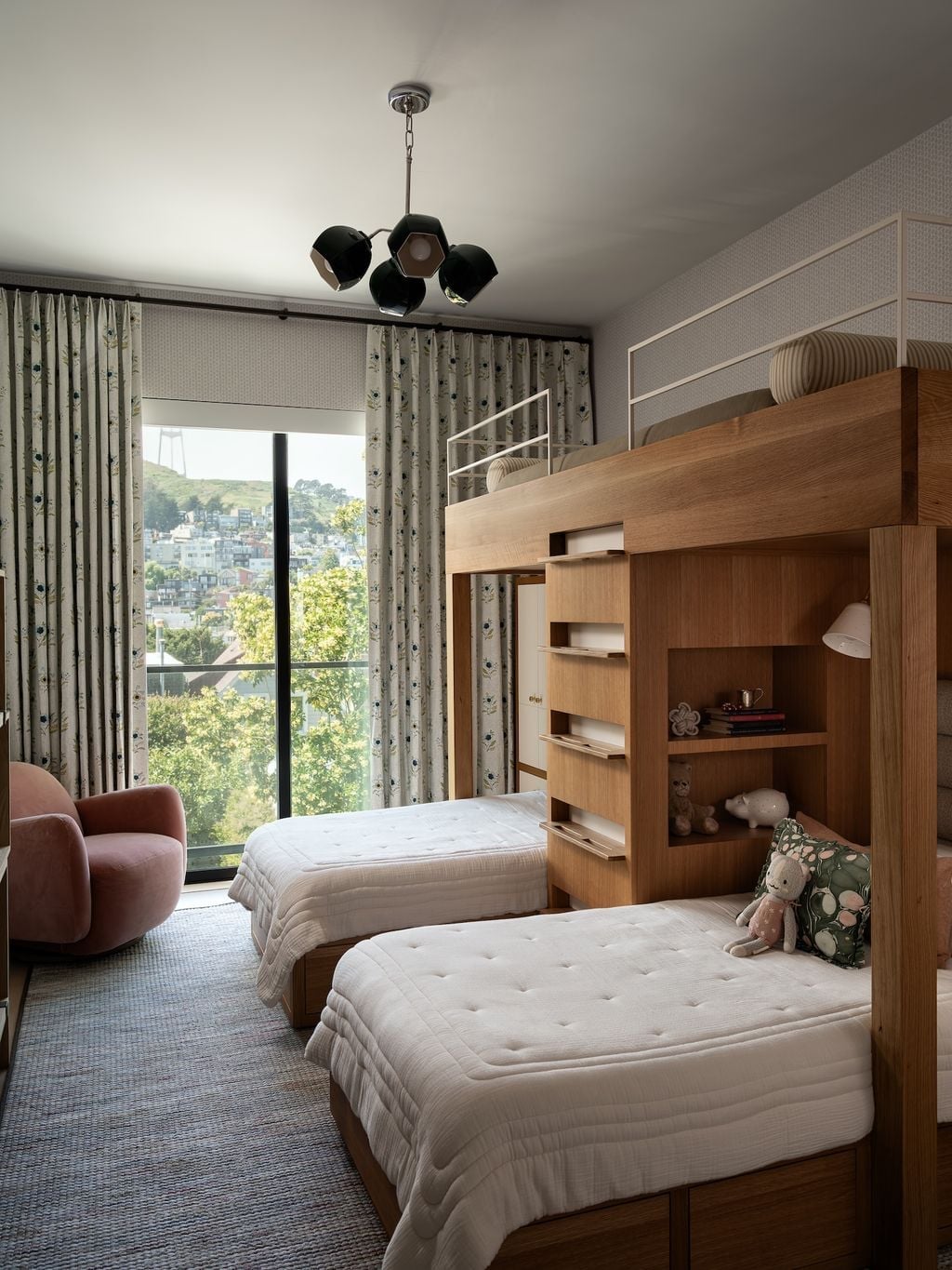 Natural Wood Bunk Bed with Patterned Curtains — Classy Bunk Bed Ideas