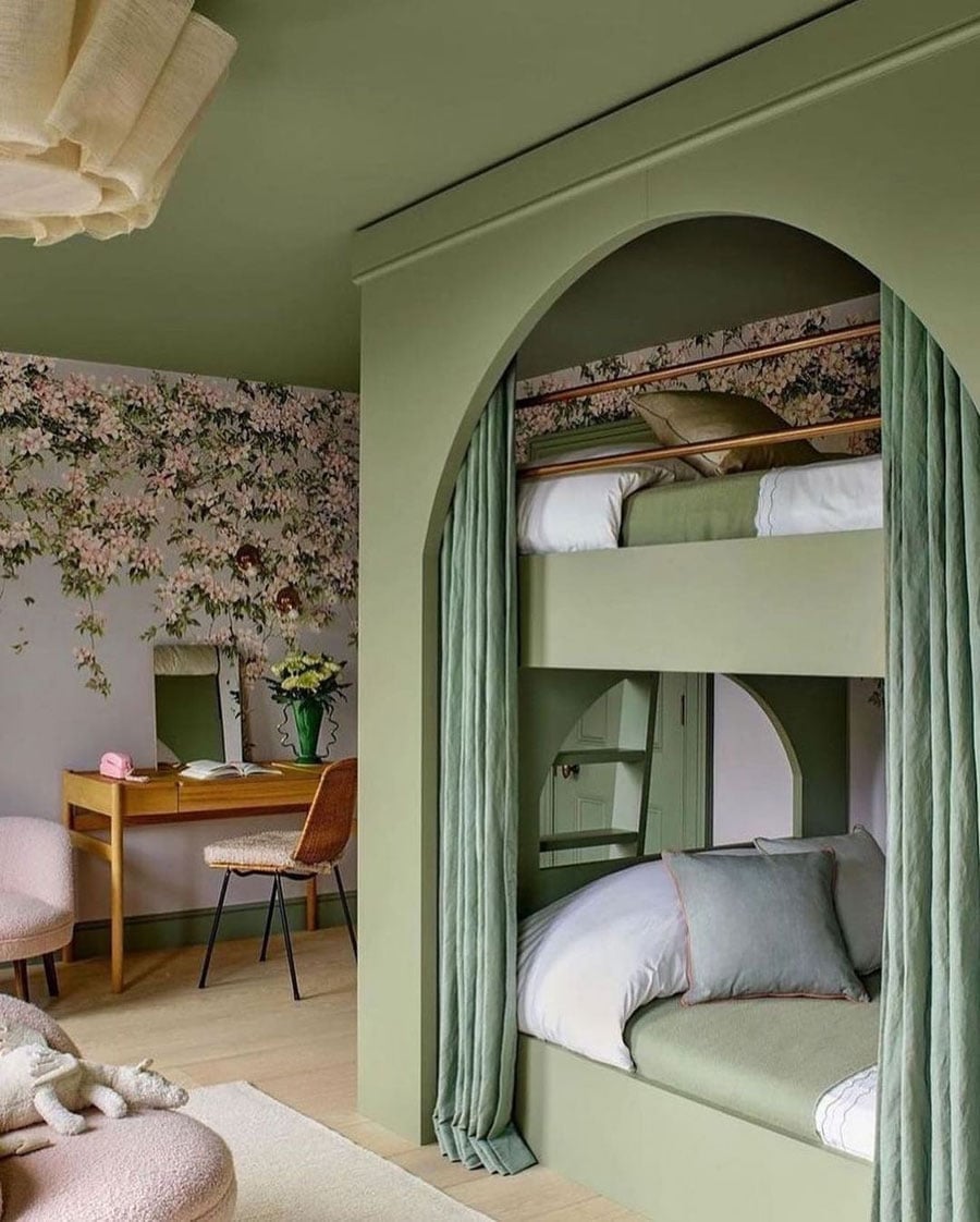 Green Arched Bunk Bed with Floral Wallpaper — Classy Bunk Bed Ideas