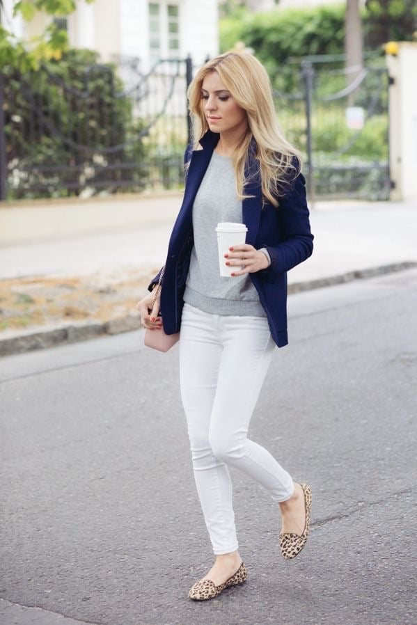 Navy blazer with gray sweater and leopard flats Navy blazer with gray sweater and leopard flats — Classy Business Casual Outfits