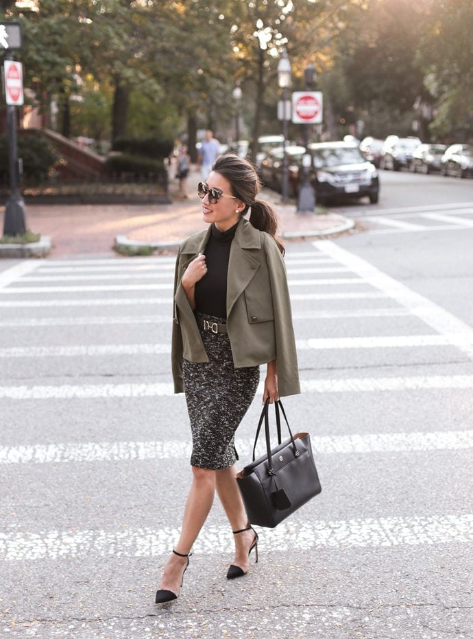 Textured pencil skirt with cropped jacket and turtleneck Textured pencil skirt with cropped jacket and turtleneck — Classy Business Casual Outfits