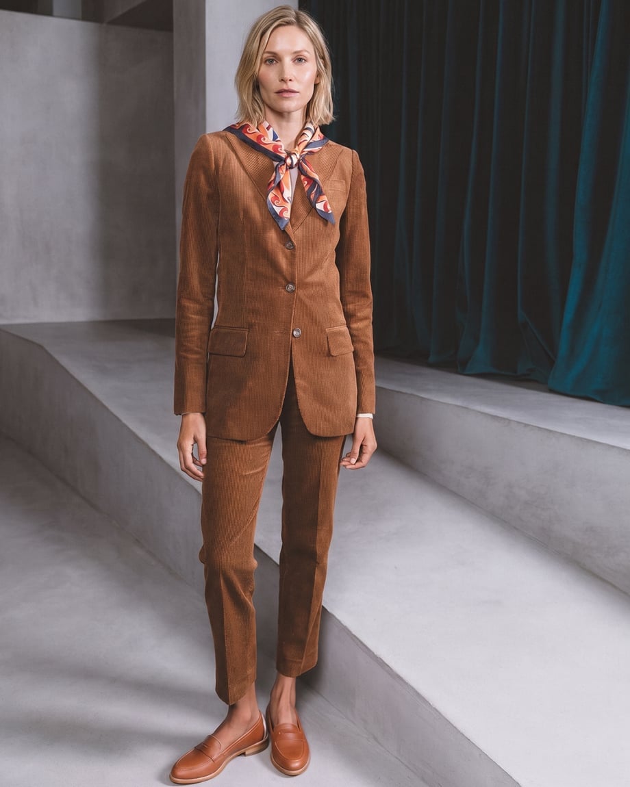 Brown corduroy suit with silk scarf adds warmth Brown corduroy suit with silk scarf adds warmth — Classy Business Casual Outfits