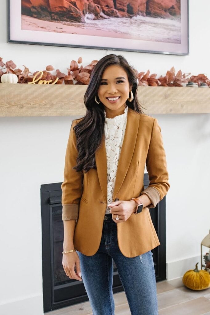 Camel blazer over lace top and denim for relaxed office Camel blazer over lace top and denim for relaxed office — Classy Business Casual Outfits