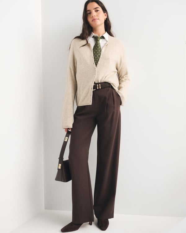 Beige Cardigan with Patterned Tie — Classy Business Professional Outfits