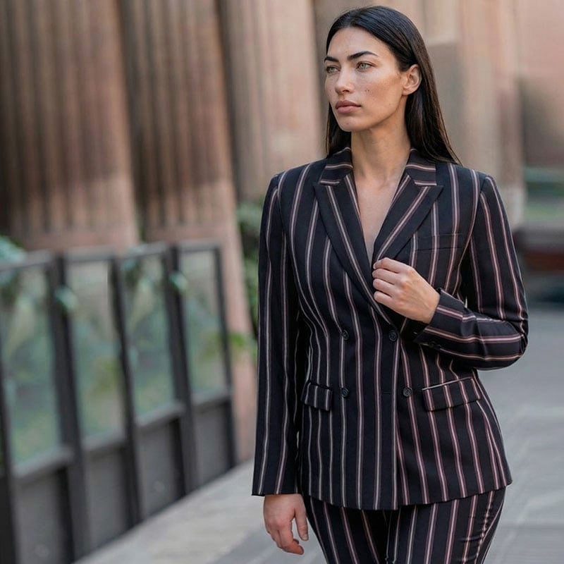 Dark Navy Pinstripe Double-Breasted Blazer, Wool Blend — Classy Business Professional Outfits