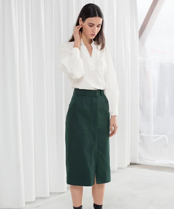 White Blouse with Dark Green Pencil Skirt, Close-Up Take — Classy Business Professional Outfits