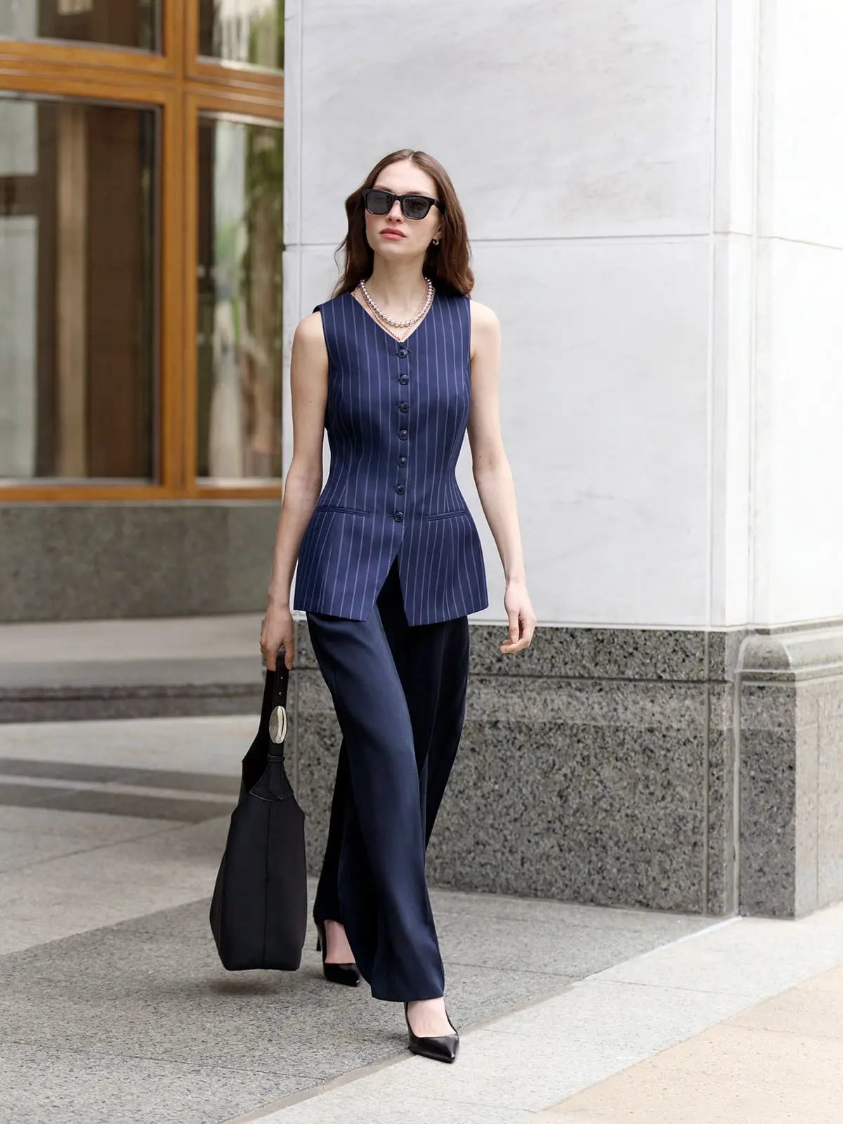 Navy Peplum Vest with Wide-Leg Trousers, Black Pointed-Toe Heels — Classy Business Professional Outfits