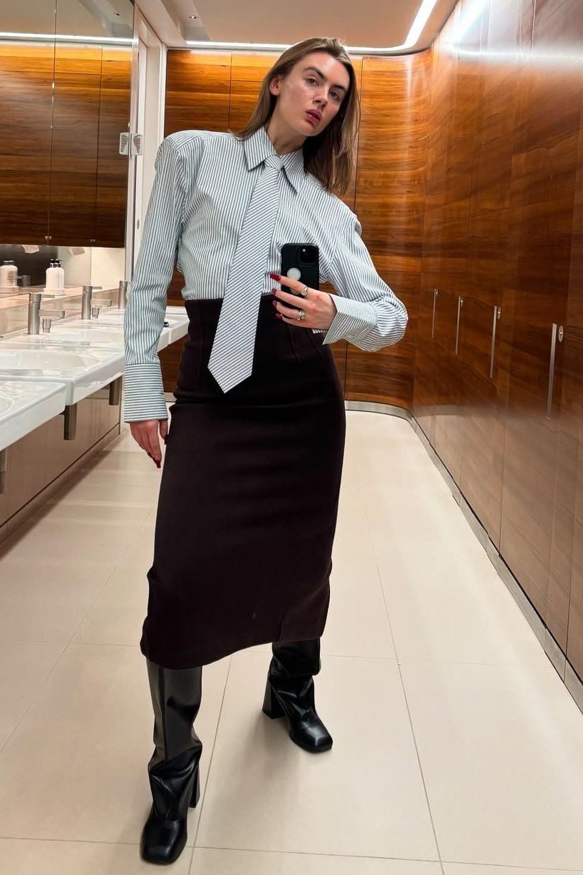 Striped Shirt with Dark Brown Pencil Skirt — Classy Business Professional Outfits