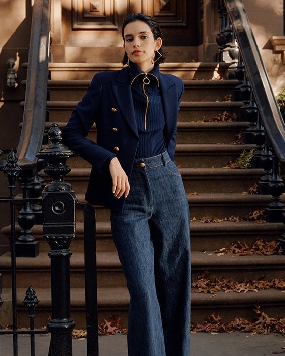 Navy Blazer with Dark Wash Wide-Leg Jeans — Classy Business Professional Outfits