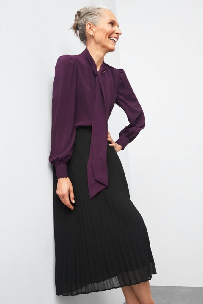 Purple Pussy-Bow Blouse with Black Skirt — Classy Business Professional Outfits