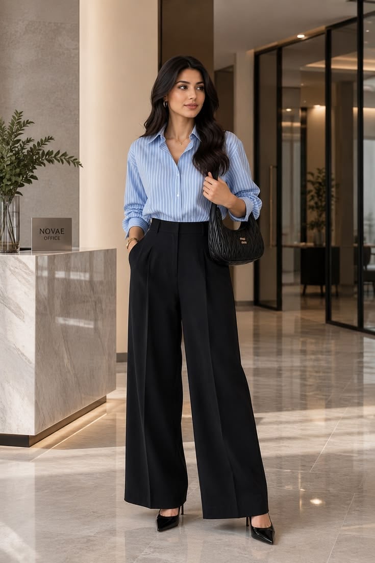 Striped Button-Down with Black Wide-Leg Trousers — Classy Business Professional Outfits