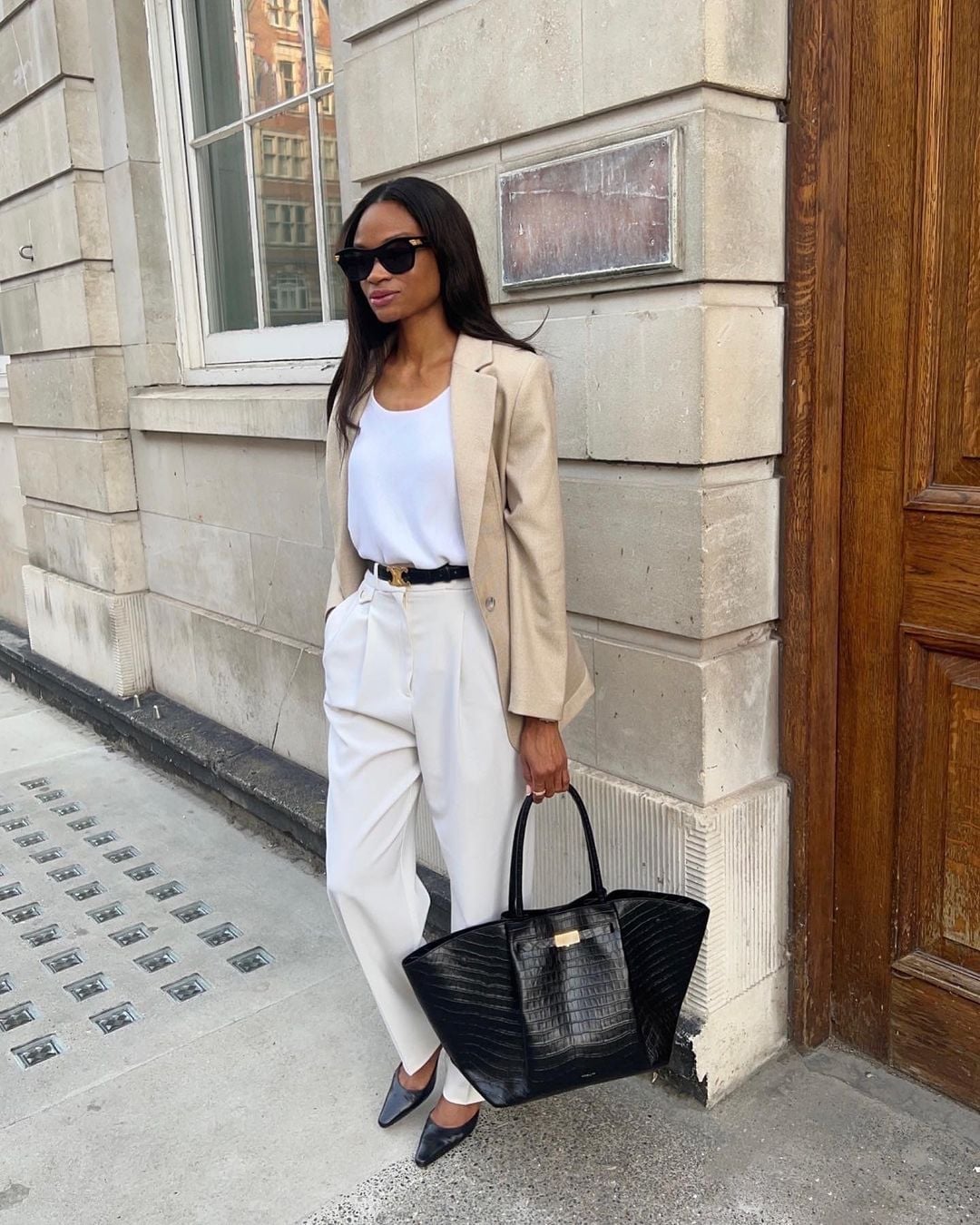 Beige Oversized Blazer with Cream Wide-Leg Trousers, Black Belt — Classy Business Professional Outfits