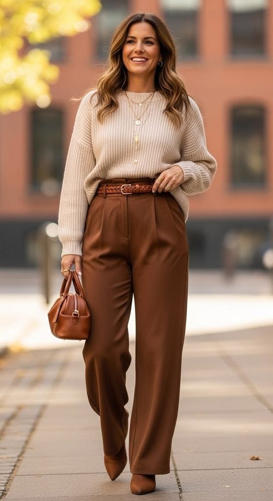 Beige knit sweater with wide-leg brown trousers — Classy Casual Church Outfit