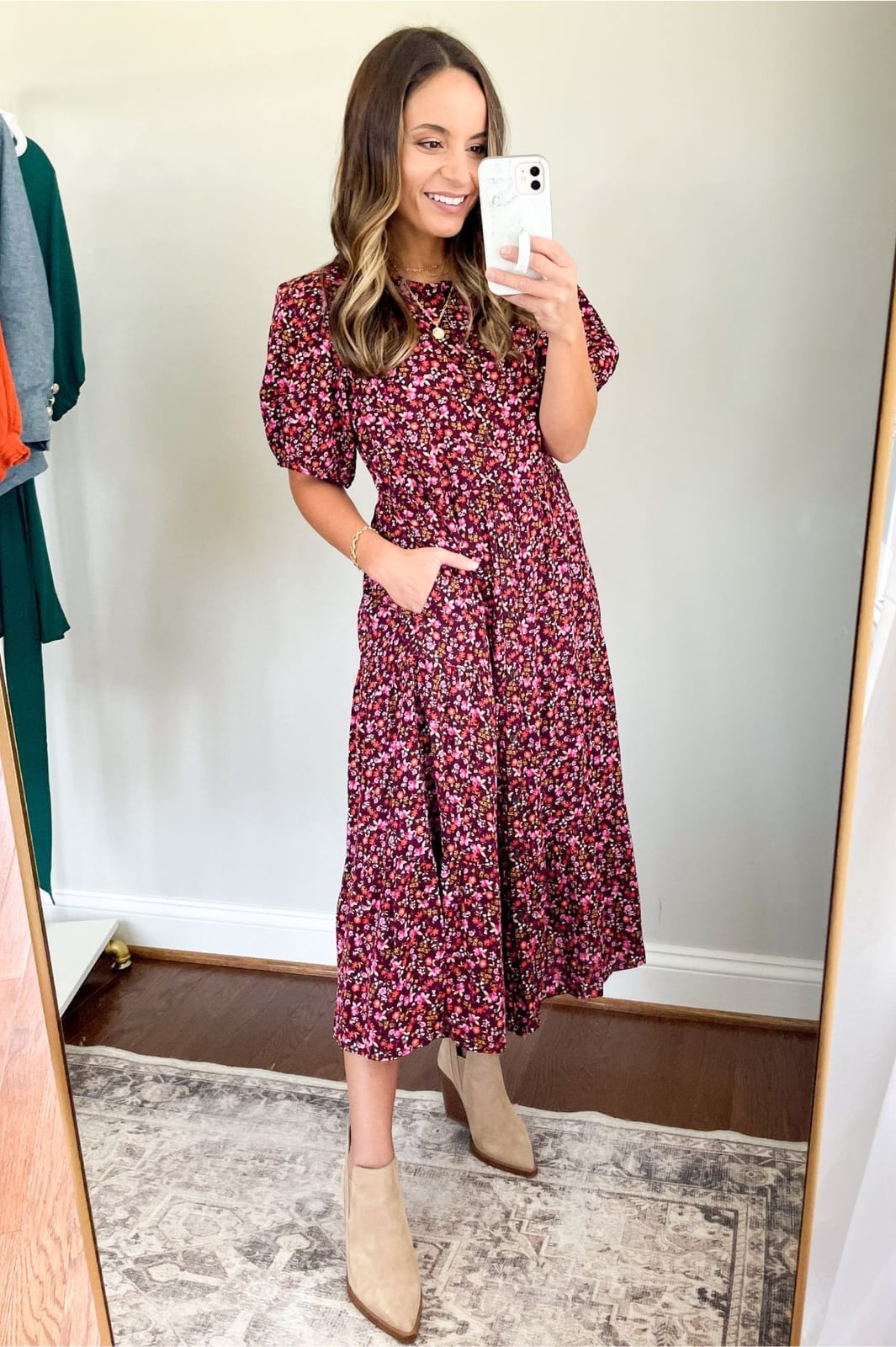 Floral print midi dress with ankle boots — Classy Casual Church Outfit