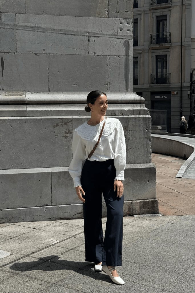 White blouse with lace collar and navy trousers — Classy Casual Church Outfit