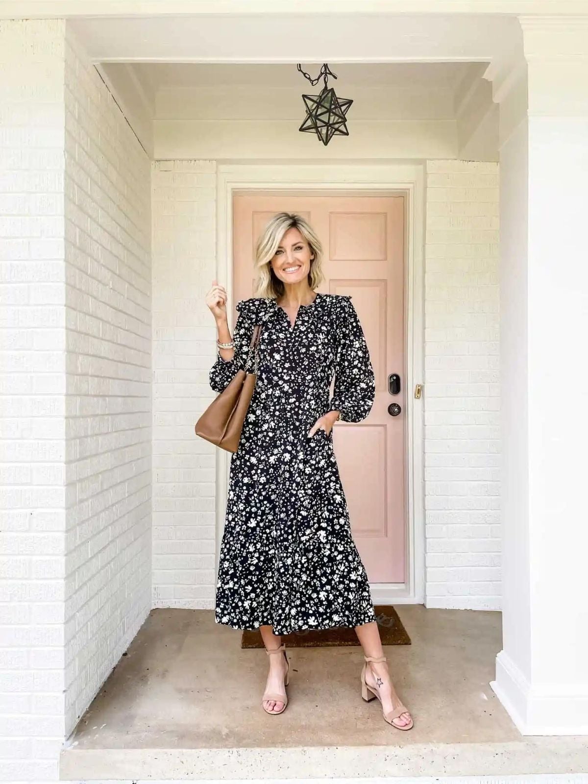 Floral print tiered midi dress with strappy sandals — Classy Casual Church Outfit
