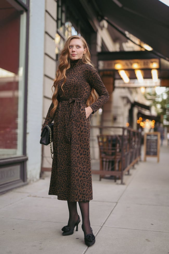 Leopard print turtleneck midi dress with black heels — Classy Casual Church Outfit