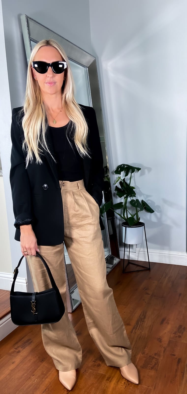 Black blazer with beige wide-leg trousers — Classy Casual Church Outfit