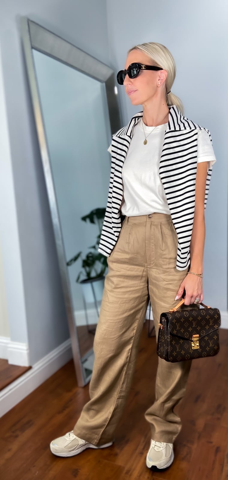 Beige wide-leg trousers with striped sweater, Linen Blend — Classy Casual Church Outfit