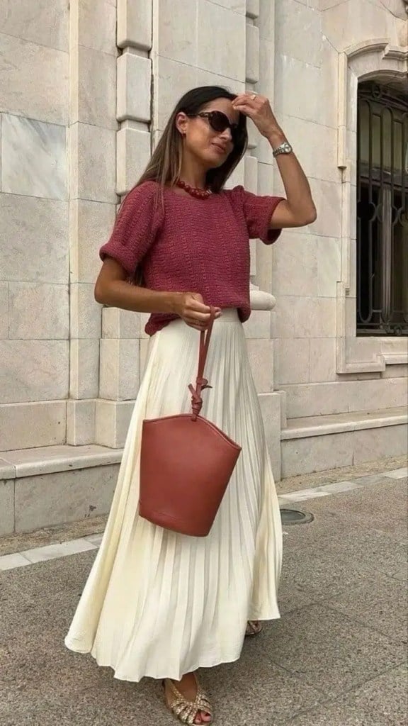 Red textured knit top with cream pleated midi skirt — Classy Casual Church Outfit