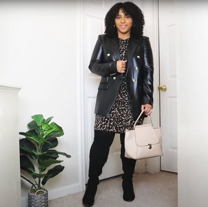 Black leather blazer with leopard print dress — Classy Casual Church Outfit