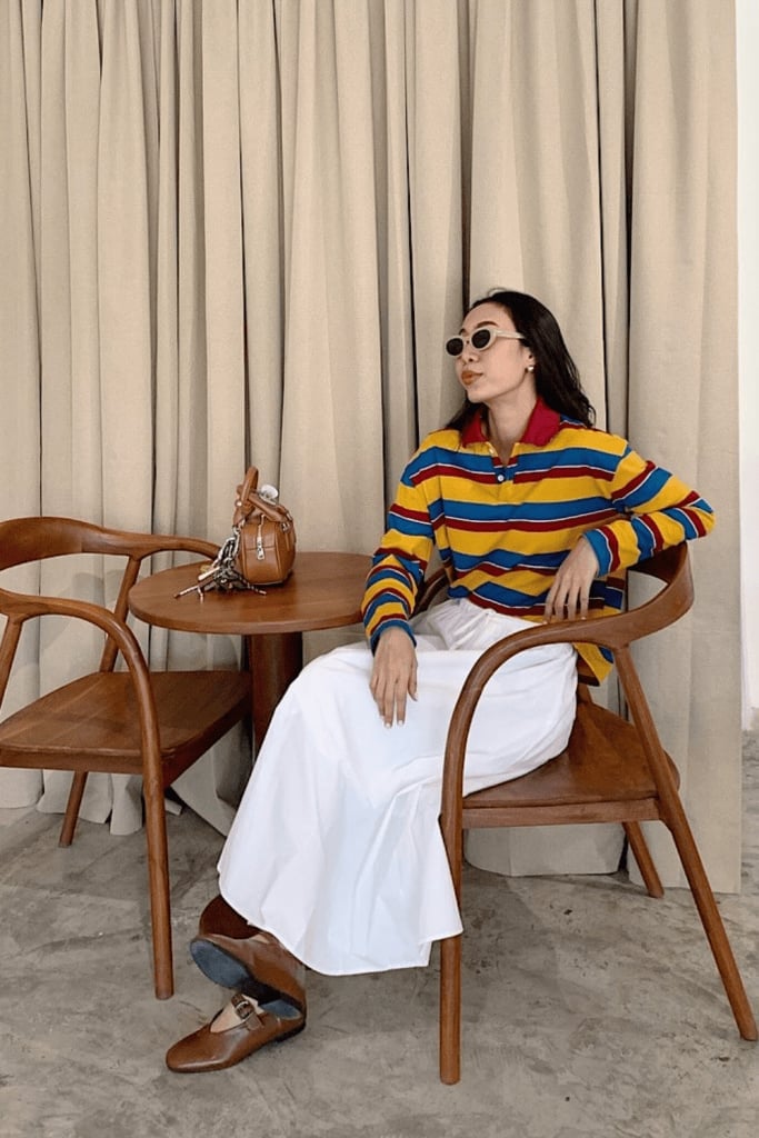 Striped polo shirt with white full skirt — Classy Casual Church Outfit