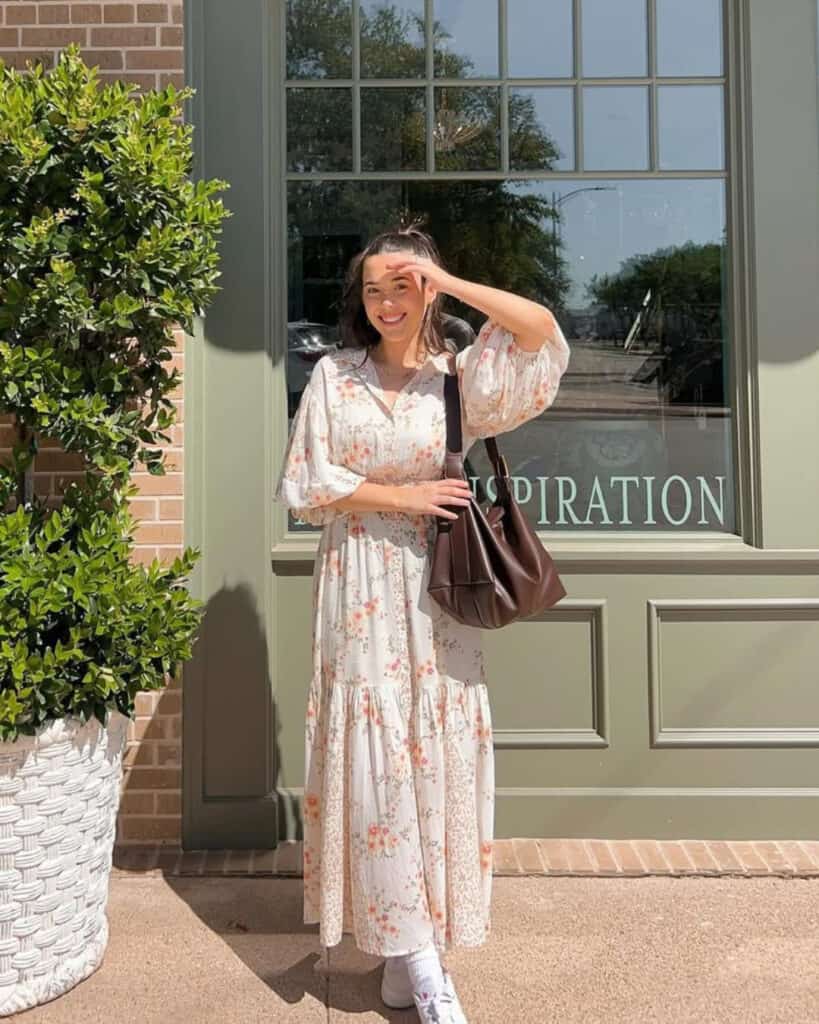 Cream floral print midi dress with sneakers — Classy Casual Church Outfit