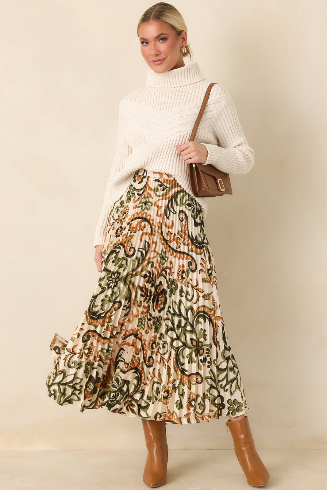 Cream turtleneck sweater with paisley print midi skirt — Classy Casual Church Outfit