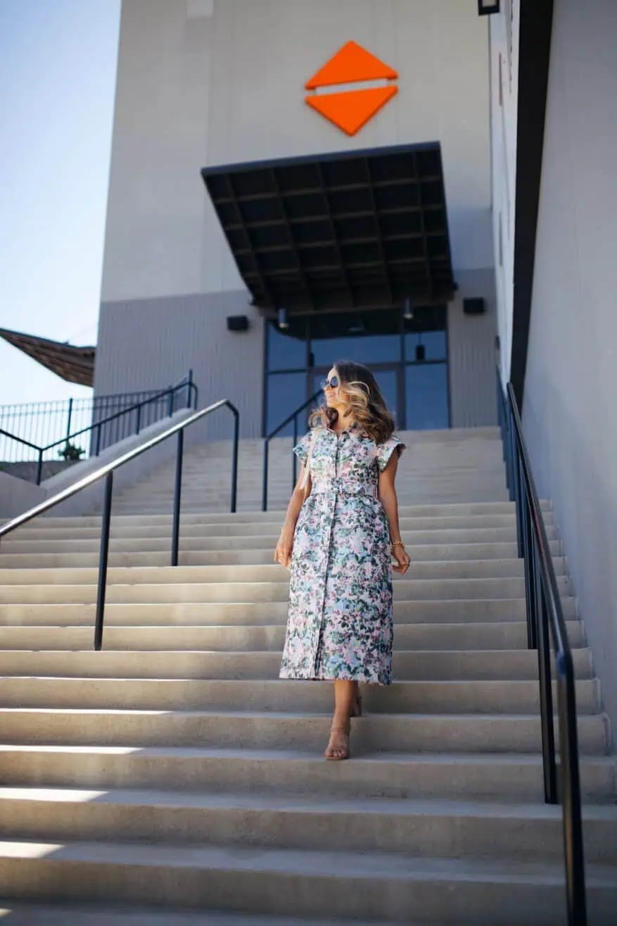 Floral print midi dress with defined waist — Classy Casual Church Outfit