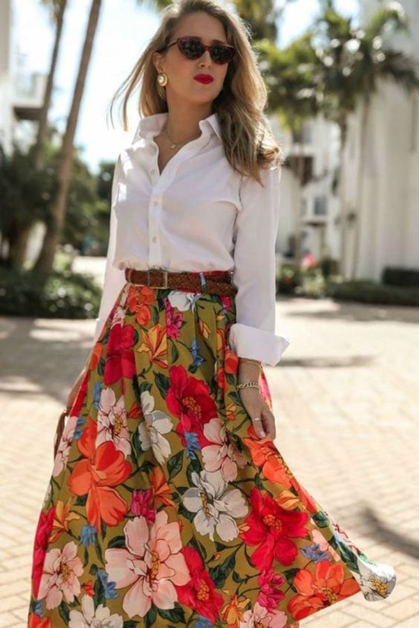 White button-down shirt with floral print skirt — Classy Casual Church Outfit